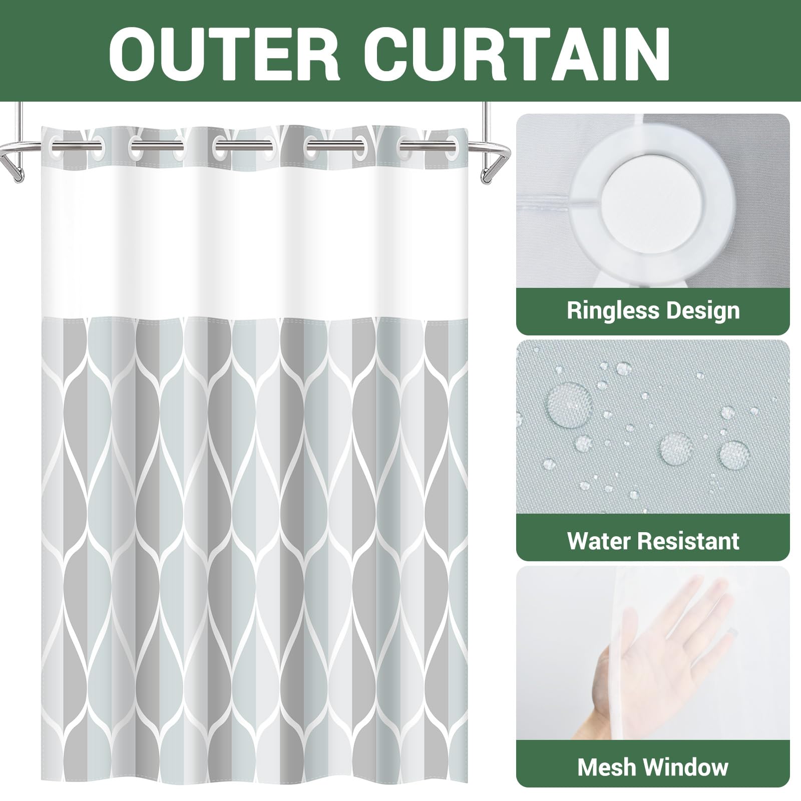 Yiatn No Hook Grey Shower Curtain With Snap In Fabric Liner Set - Hotel Style With See Through Mesh Top Window, Modern Geometric